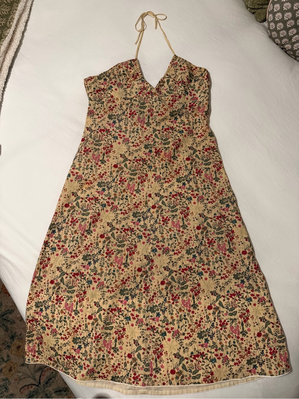 Joseph (London) Strapless Floral Midi Dress in cream, Red and Green